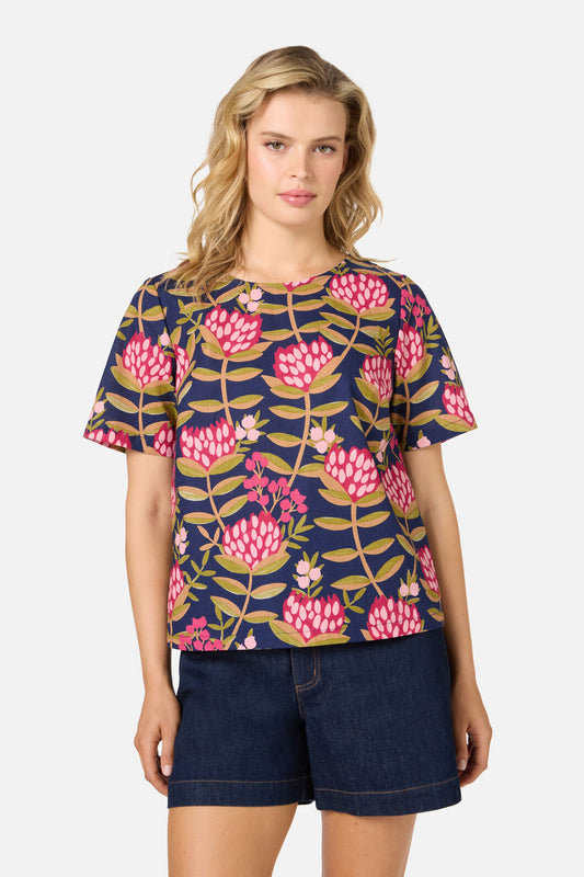 Princess Highway - Protea Flower Short Sleeve Top - navy