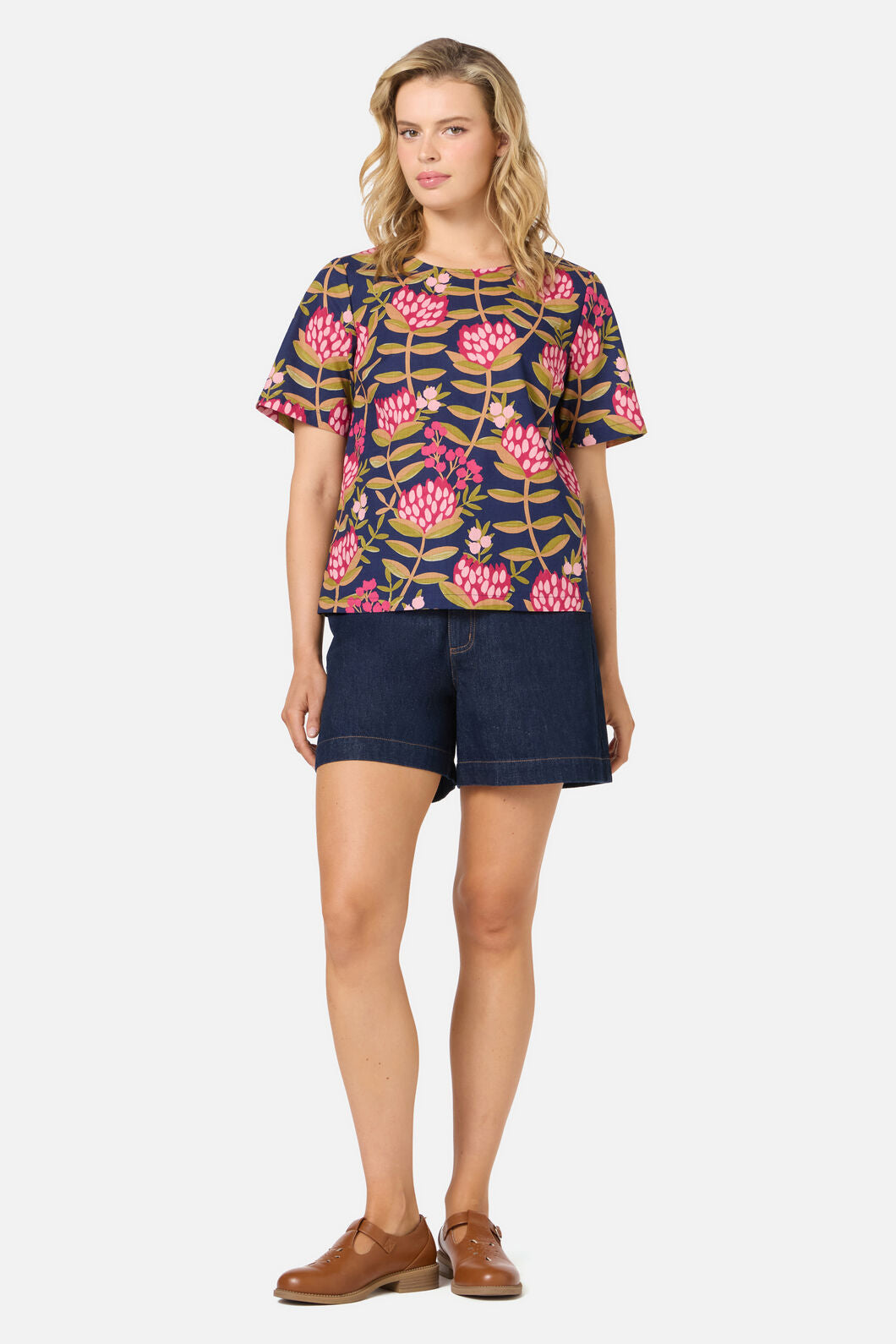 Princess Highway - Protea Flower Short Sleeve Top - navy