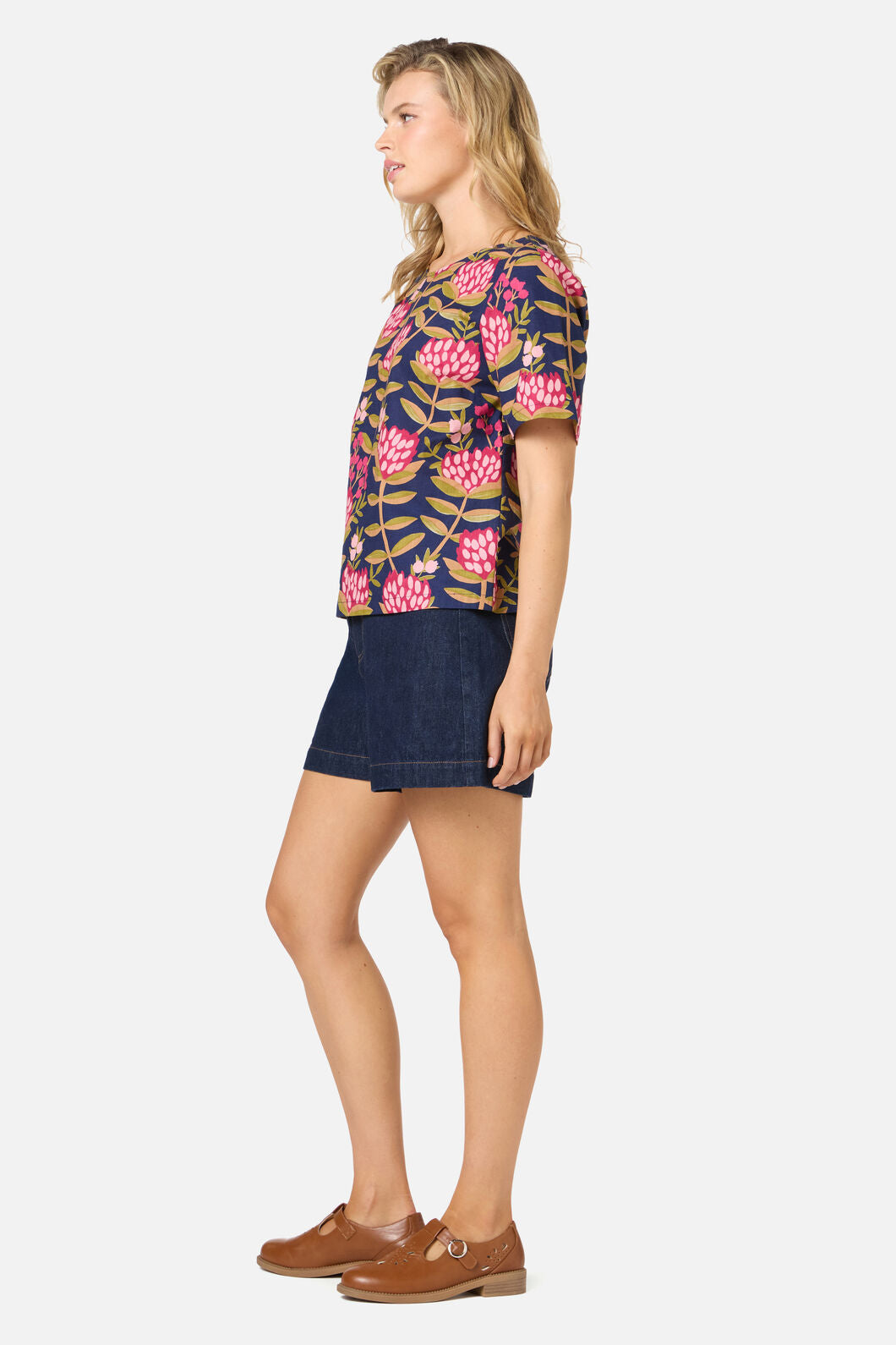 Princess Highway - Protea Flower Short Sleeve Top - navy