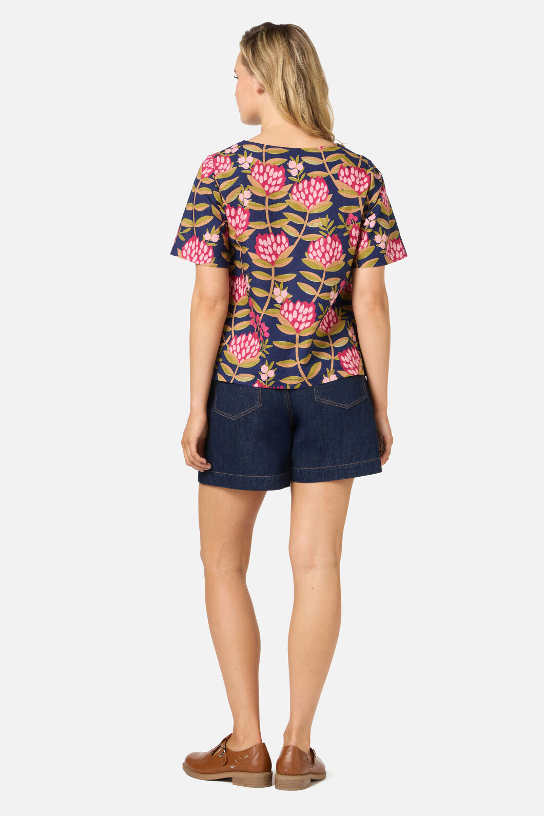 Princess Highway - Protea Flower Short Sleeve Top - navy
