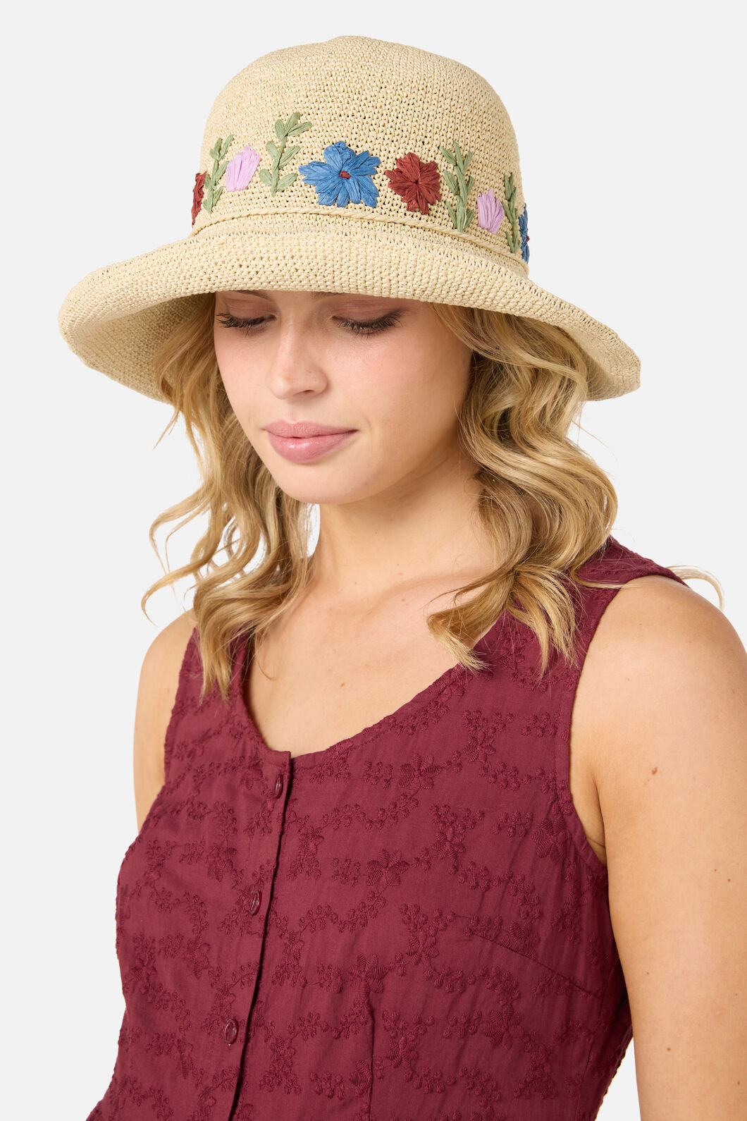 Princess Highway - Floral Embroidered Sun Hat - natural