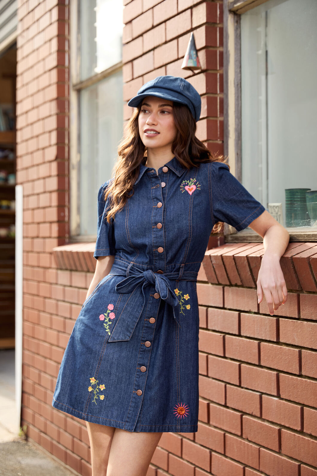 book character denim dress Folk Art Size:Large/Extra Large Blue Long Sleeve Mini DSRP: $399 with spring florals printed