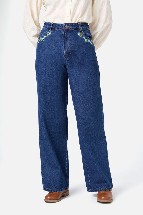 Princess Highway - Blue Blooms Embroidered Jean - blue-denim