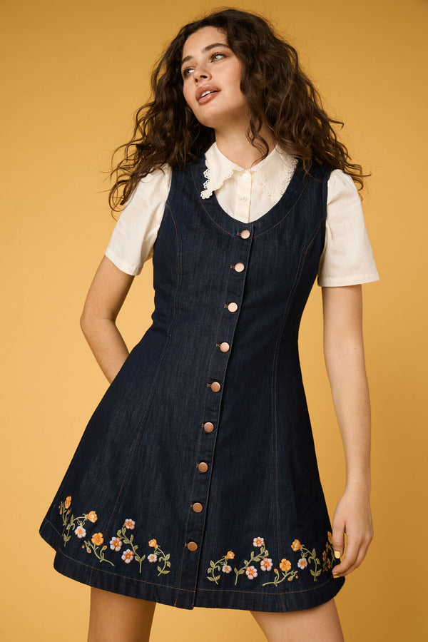Princess Highway - Alyssa Embroidered Denim Dress - dark-denim