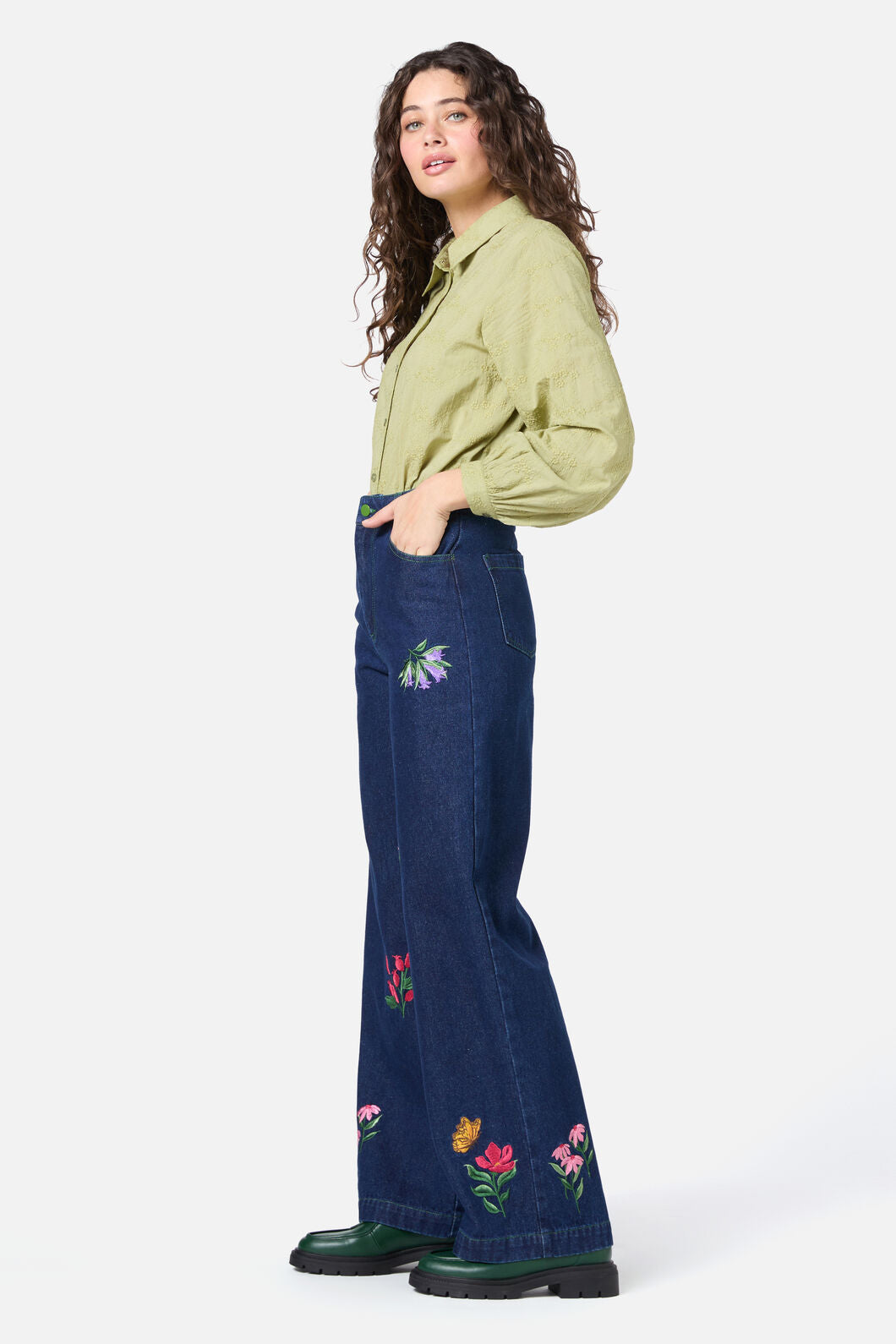 Princess Highway - Ada Embroidered Flower Shirt - olive
