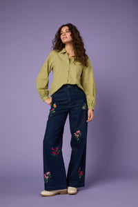 Princess Highway - Ada Embroidered Flower Shirt - olive