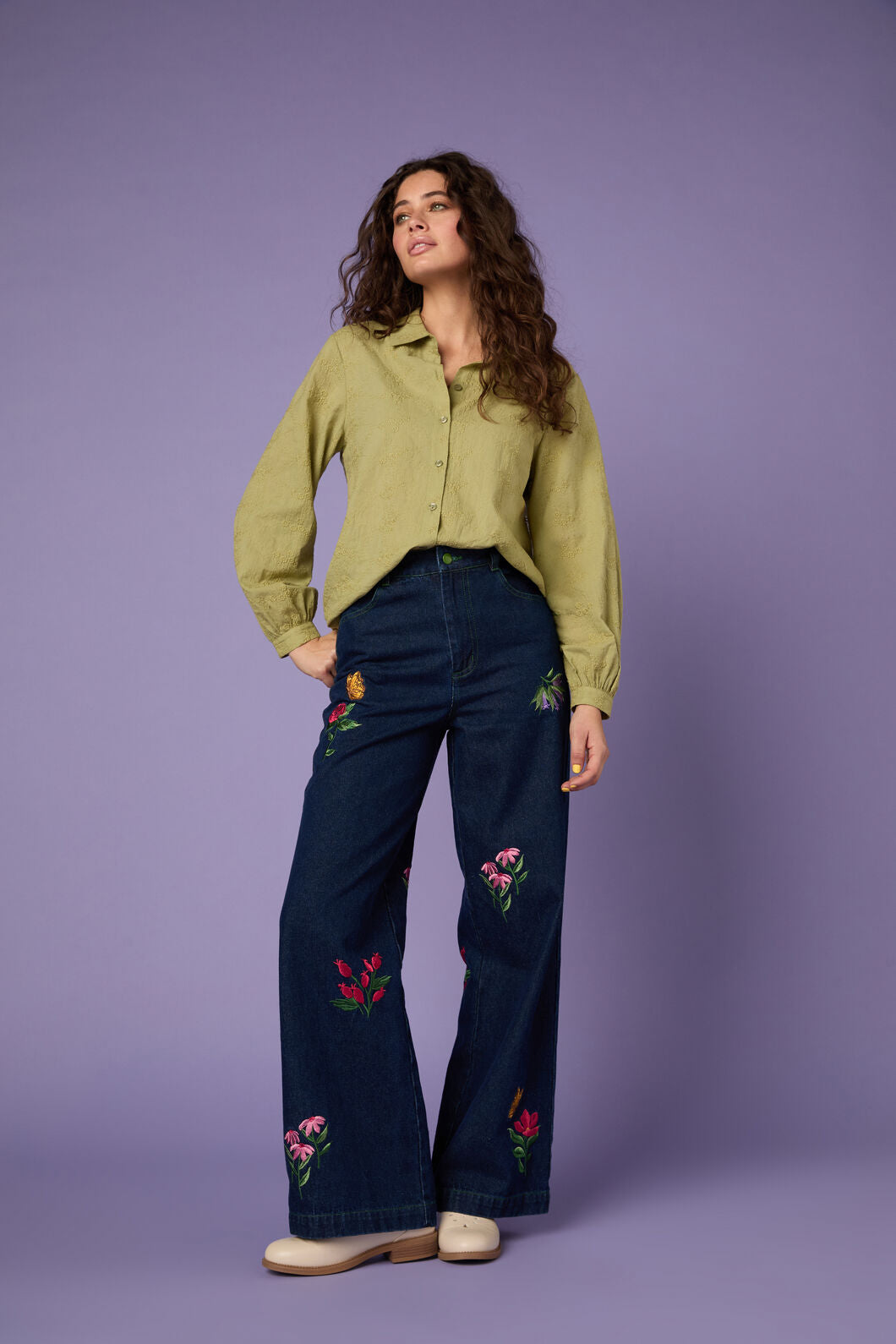 Princess Highway - Ada Embroidered Flower Shirt - olive