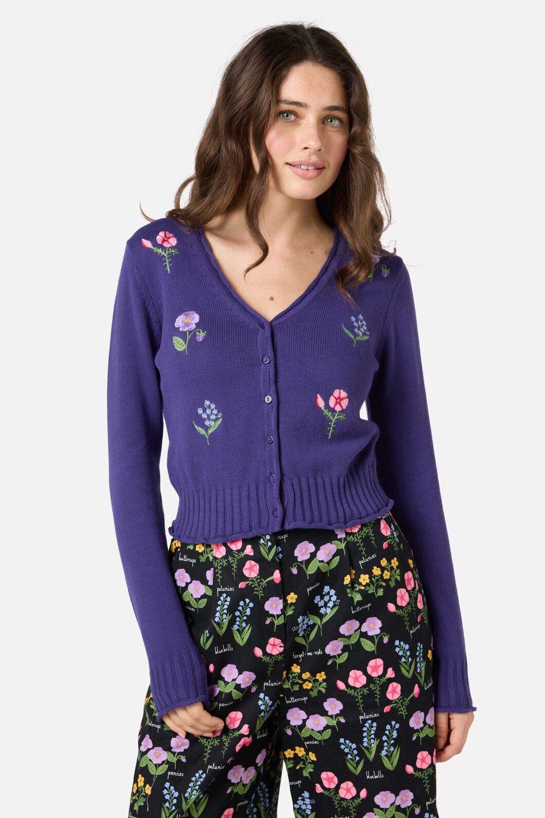 Princess Highway - Flower Patch Emb Cardigan - purple