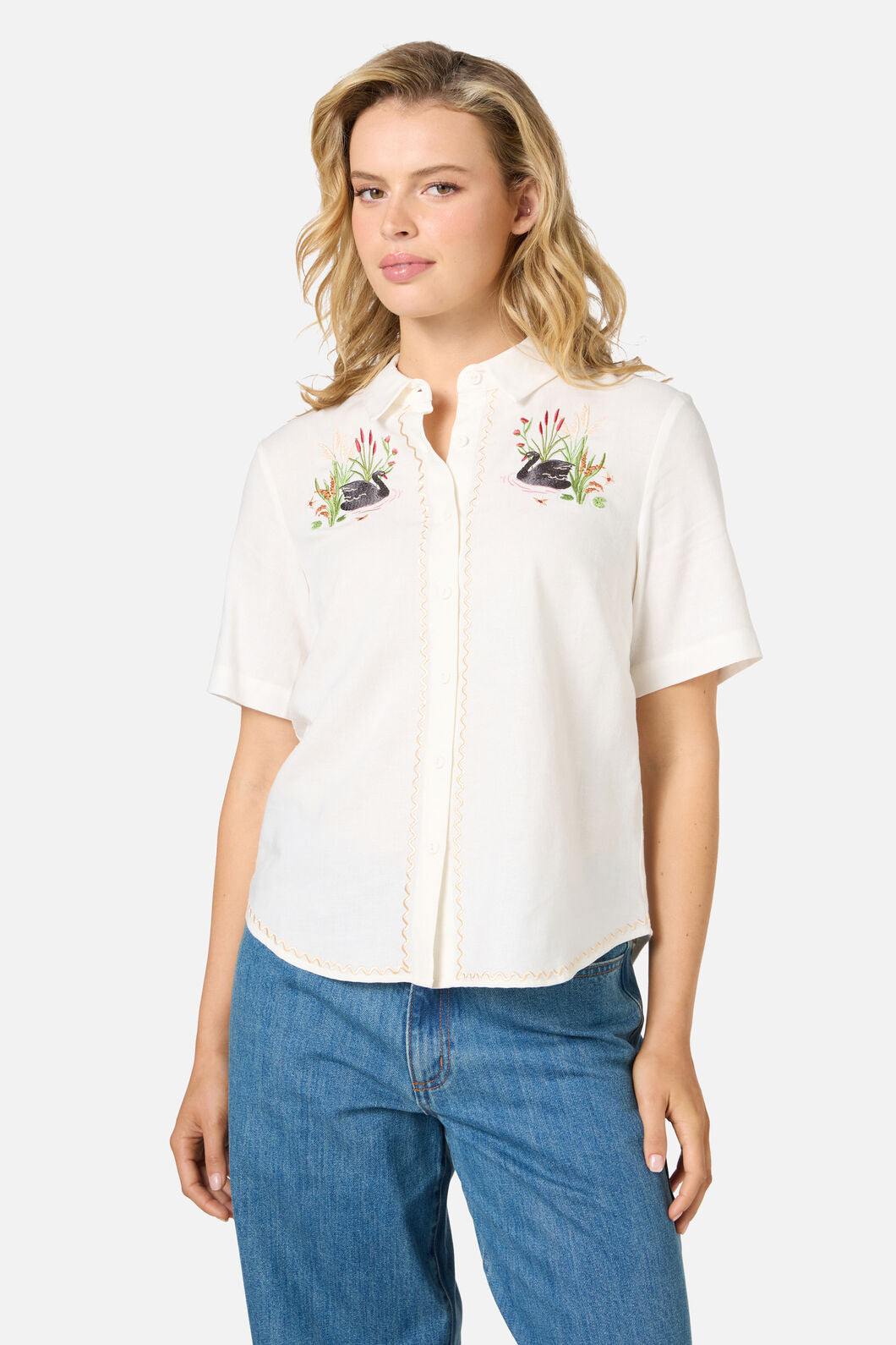 Princess Highway - Swan Embroidered Shirt - cream