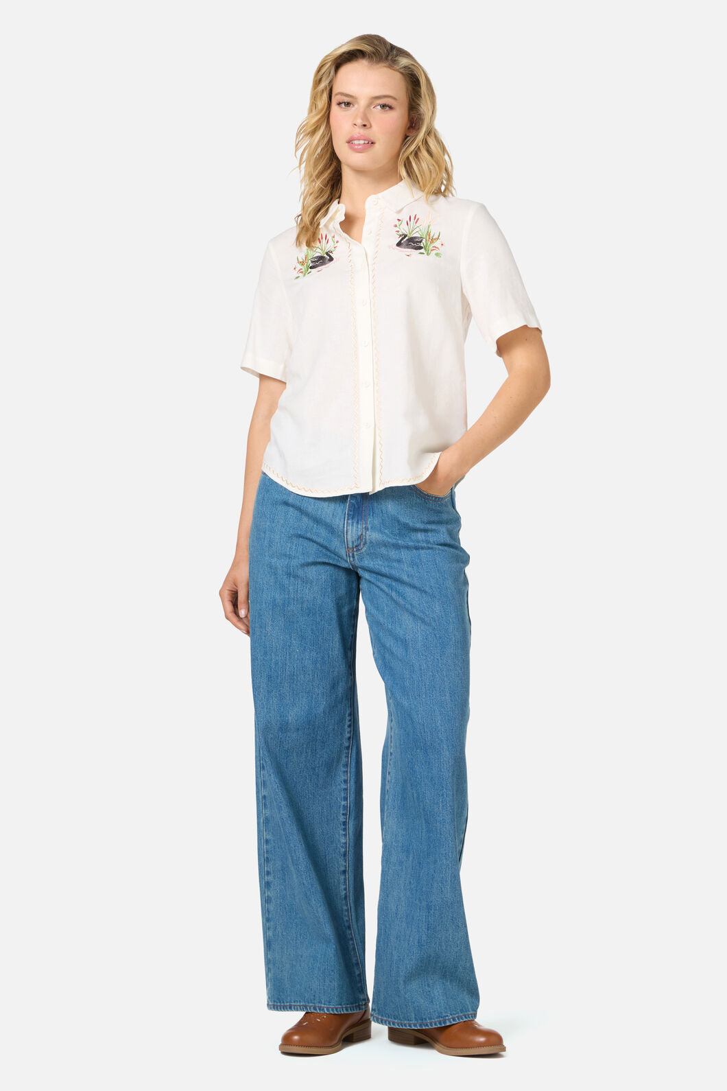 Princess Highway - Swan Embroidered Shirt - cream