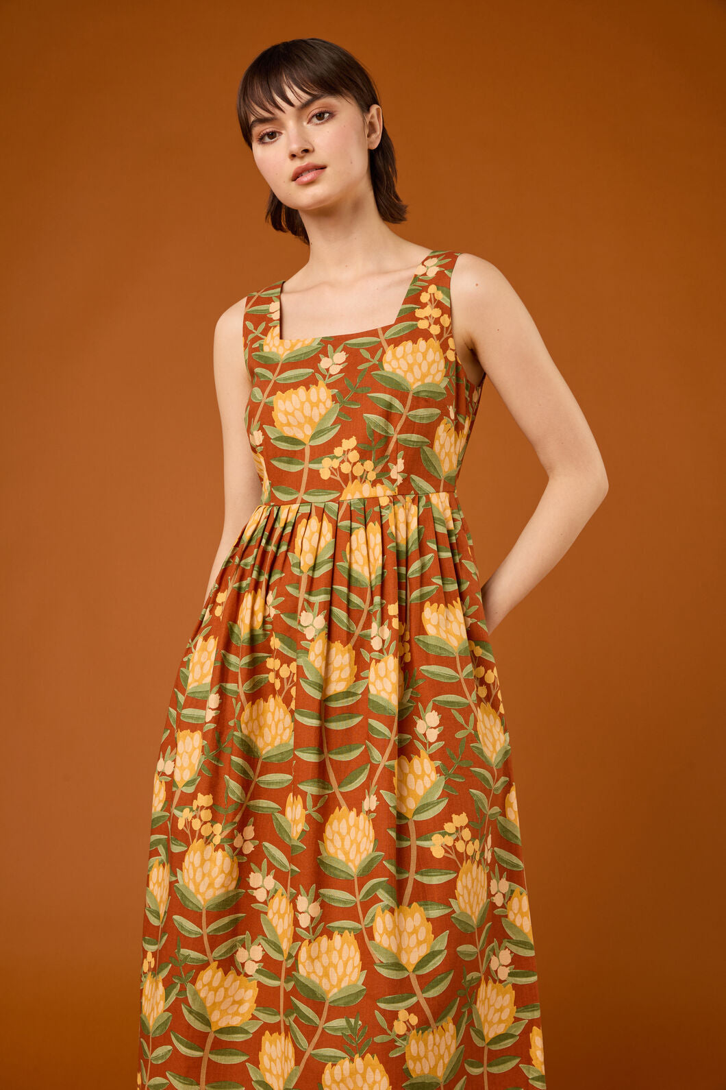 Princess Highway - Protea Flower Midi Dress - rust