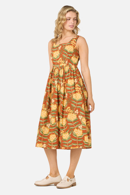 Princess Highway - Protea Flower Midi Dress - rust