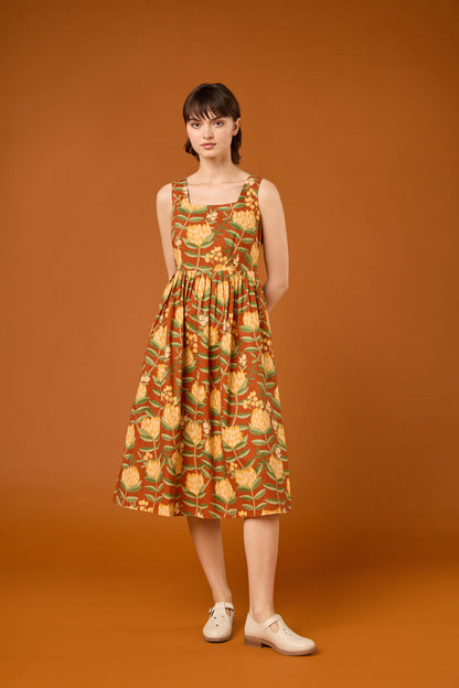 Princess Highway - Protea Flower Midi Dress - rust