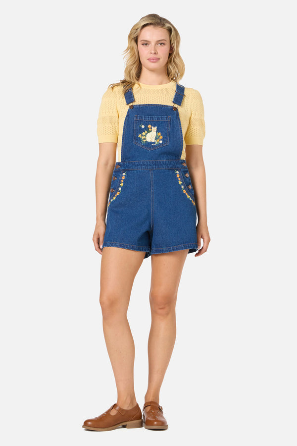 Princess Highway - Cats Embroidered Short Overall - blue-denim