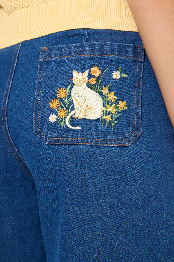 Princess Highway - Cat Embroidered Denim Jean - blue-denim