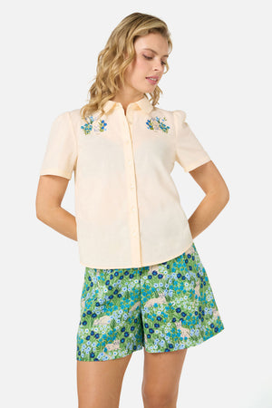 Princess Highway - Cat Embroidered Blouse - cream