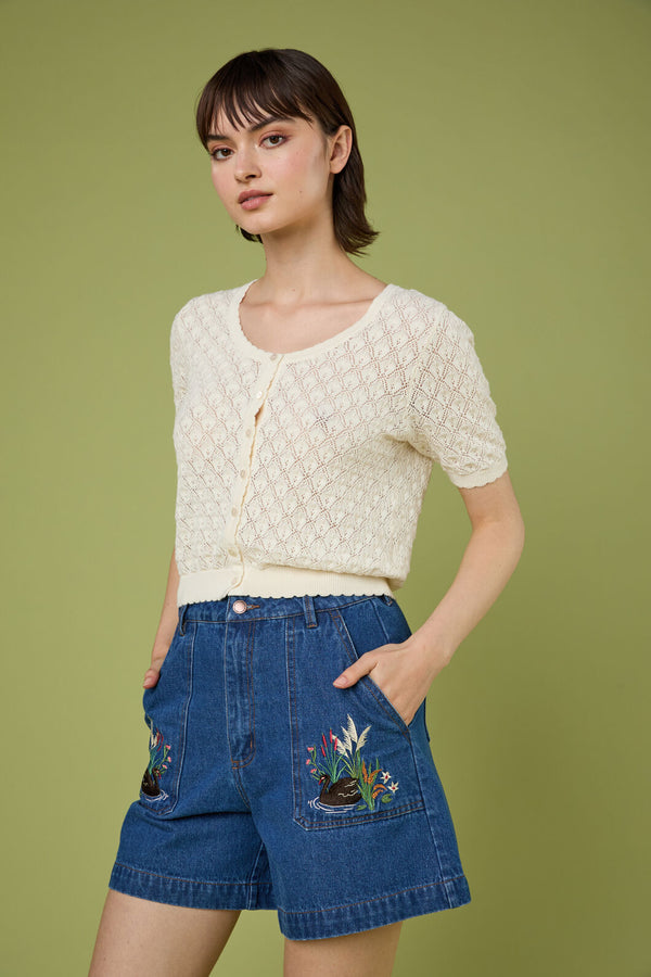 Princess Highway - Swan Embroidered Denim Short - blue-denim