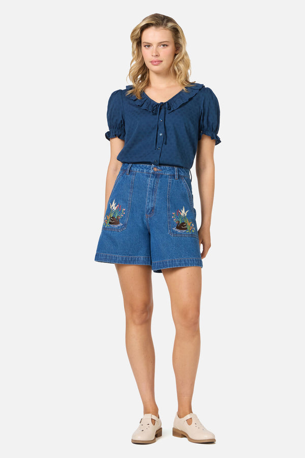 Princess Highway - Swan Embroidered Denim Short - blue-denim