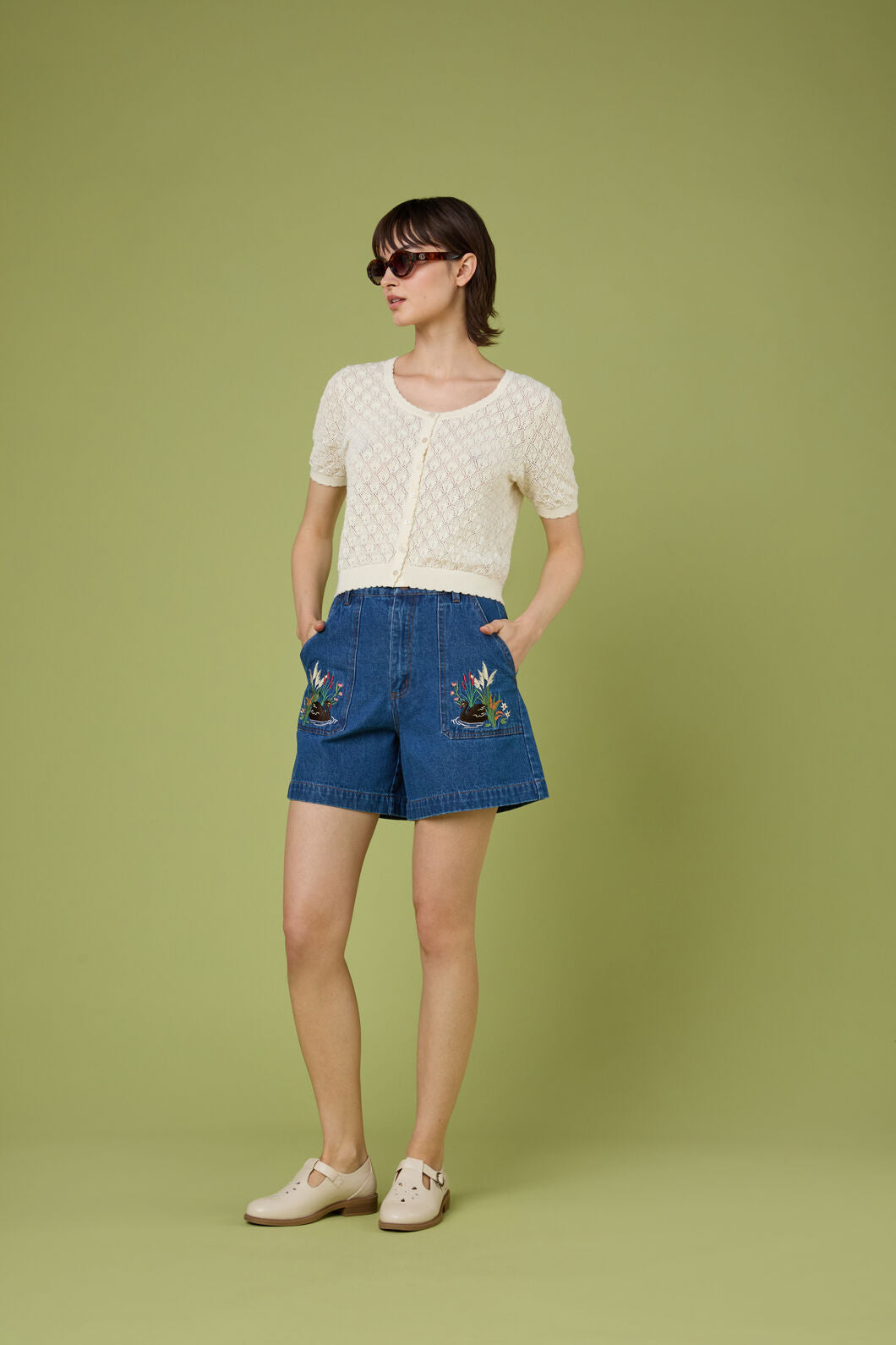 Princess Highway - Swan Embroidered Denim Short - blue-denim