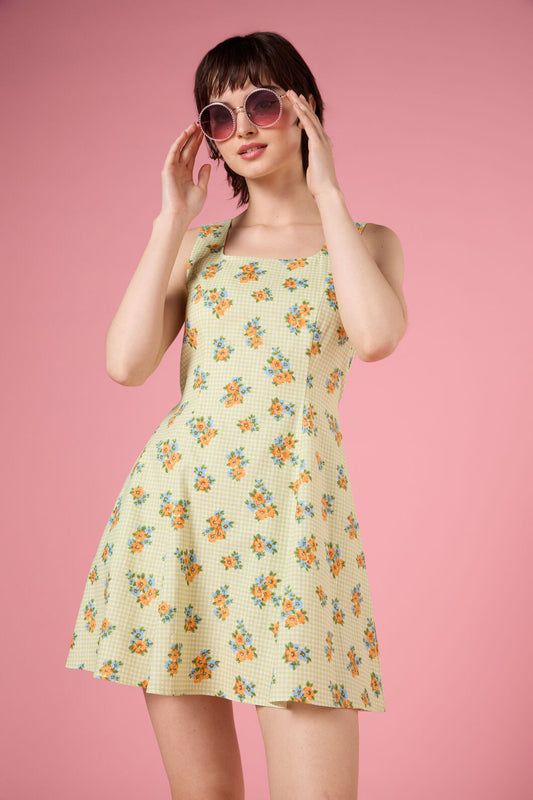 Princess Highway - Gingham Floral Shift Dress - green
