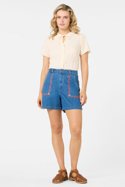 Princess Highway - Flower Girl Embroidered Shorts - blue-denim
