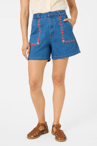 Princess Highway - Flower Girl Embroidered Shorts - blue-denim