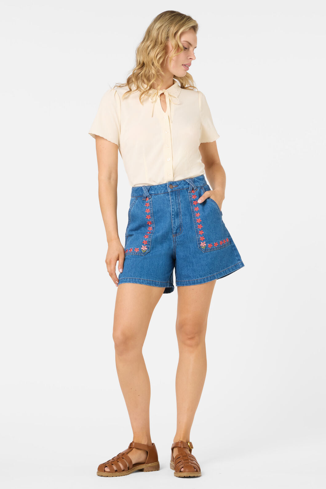 Princess Highway - Flower Girl Embroidered Shorts - blue-denim