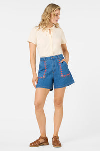 Princess Highway - Flower Girl Embroidered Shorts - blue-denim