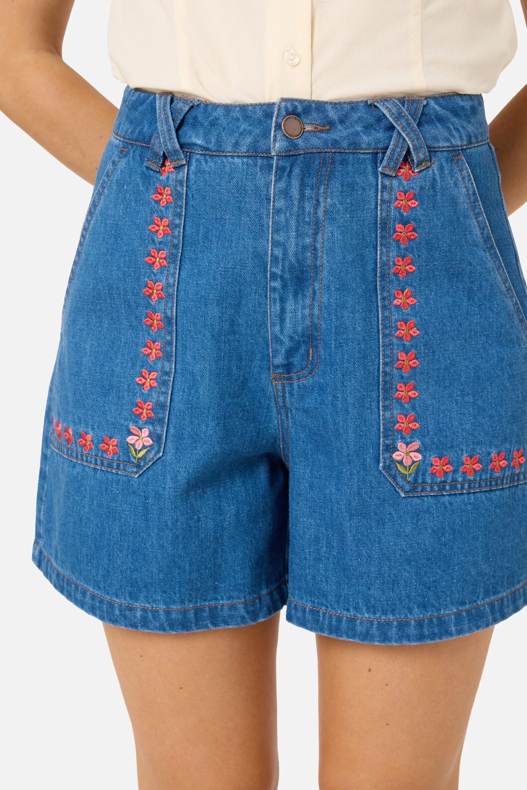 Princess Highway - Flower Girl Embroidered Shorts - blue-denim