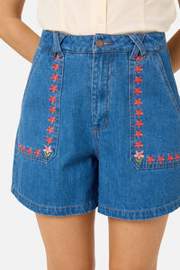 Princess Highway - Flower Girl Embroidered Shorts - blue-denim