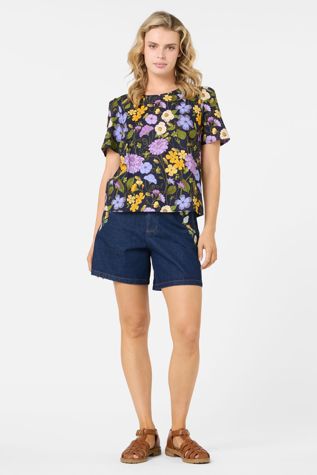 Princess Highway - Grasshopper Floral SS Top - navy