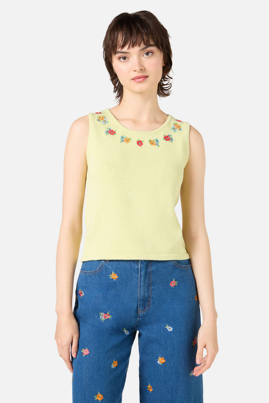 Princess Highway - Floral Embroidered Knit Tank - soft-green