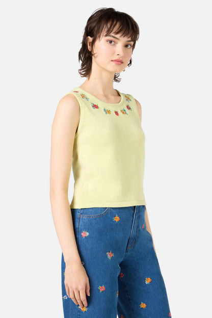 Princess Highway - Floral Embroidered Knit Tank - soft-green