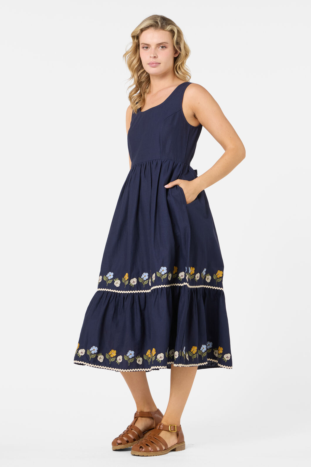Princess Highway - Blooms Embroidered Midi Dress - navy