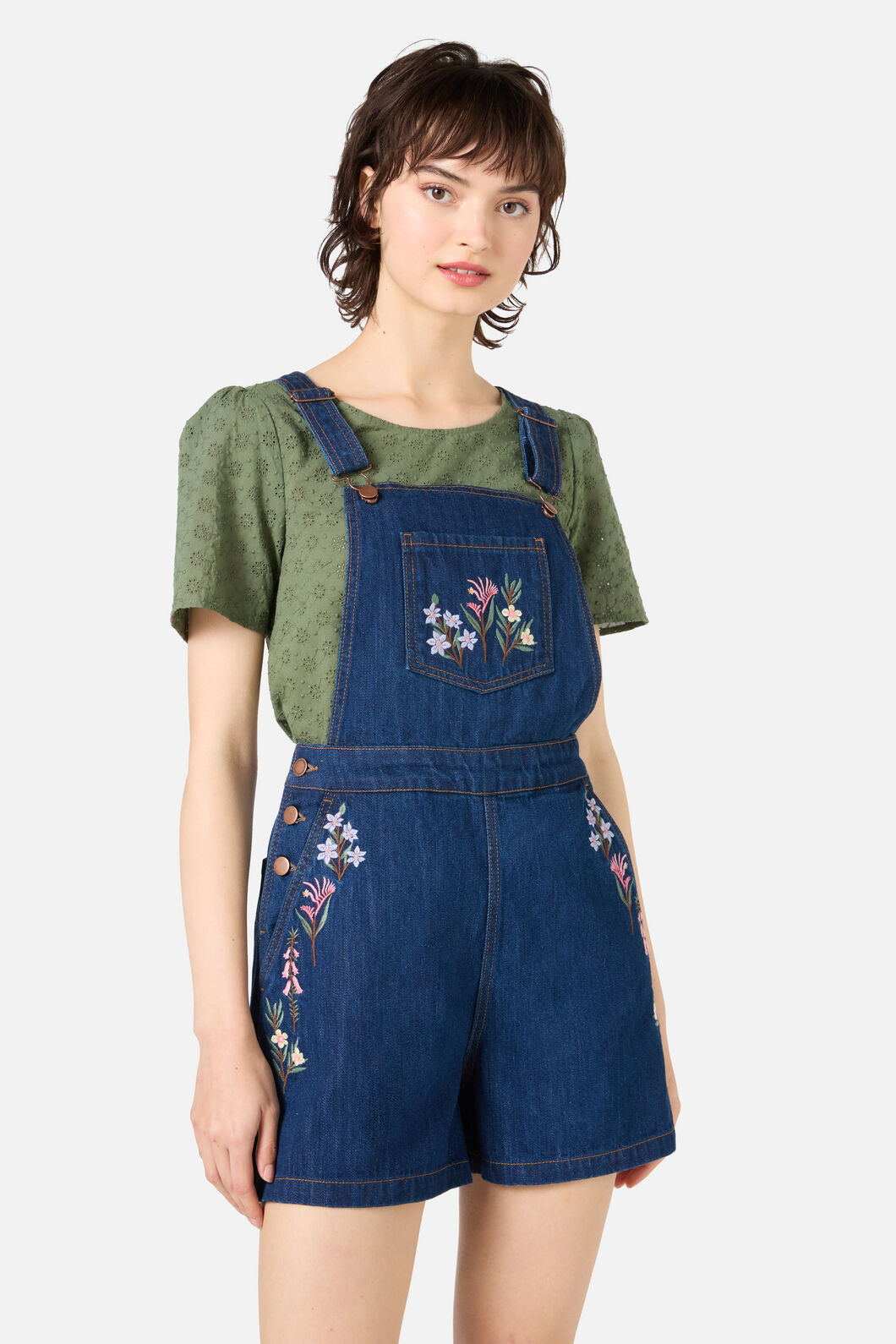 Princess Highway - Eva Embroidered Short Overalls - blue-denim