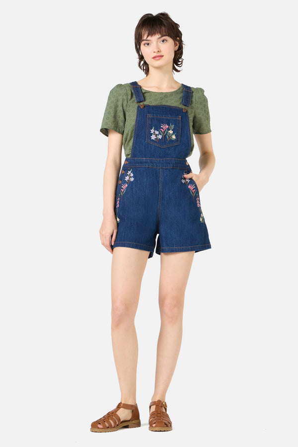 Princess Highway - Eva Embroidered Short Overalls - blue-denim