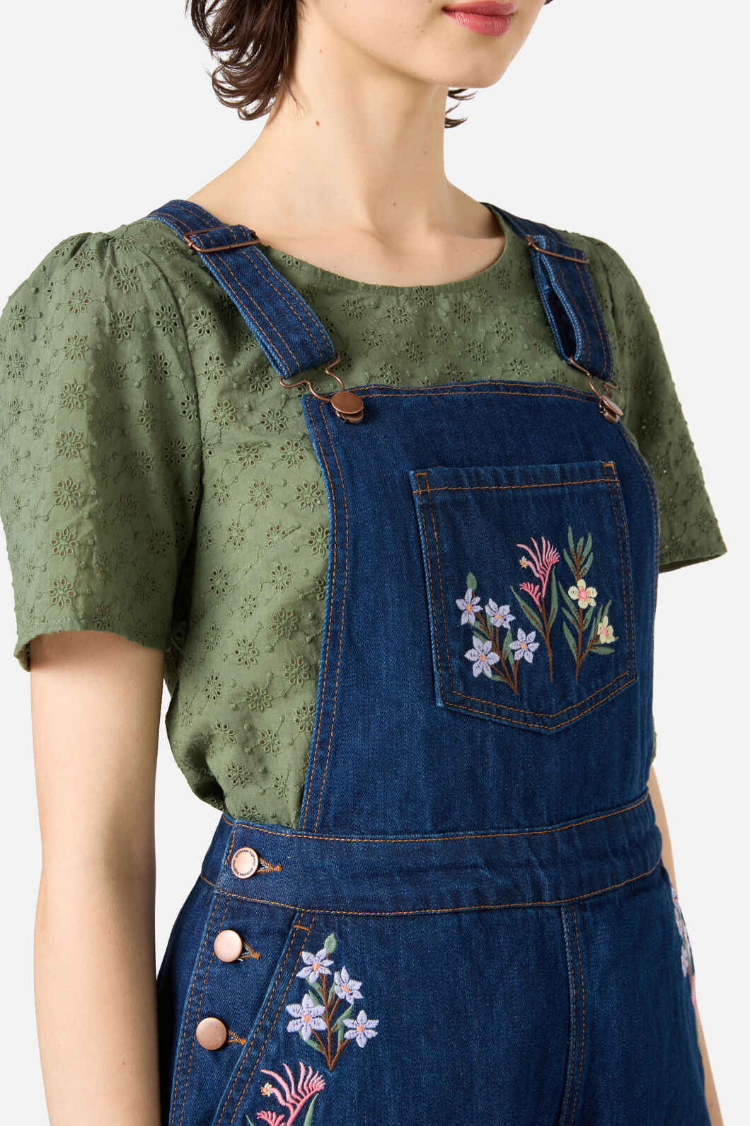 Princess Highway - Eva Embroidered Short Overalls - blue-denim