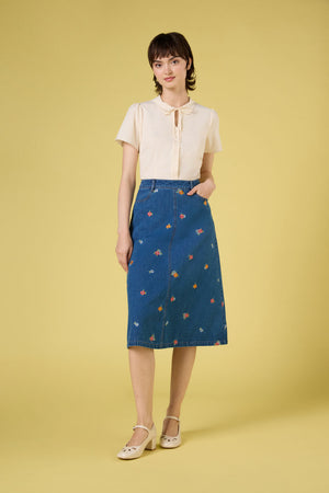 Princess Highway - Floral Embroidered Denim Skirt - blue-denim