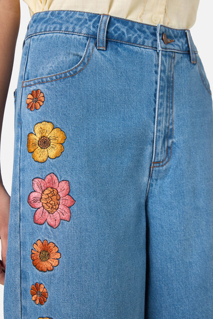 Princess Highway - Retro Bloom Embroidered Jean - blue-denim