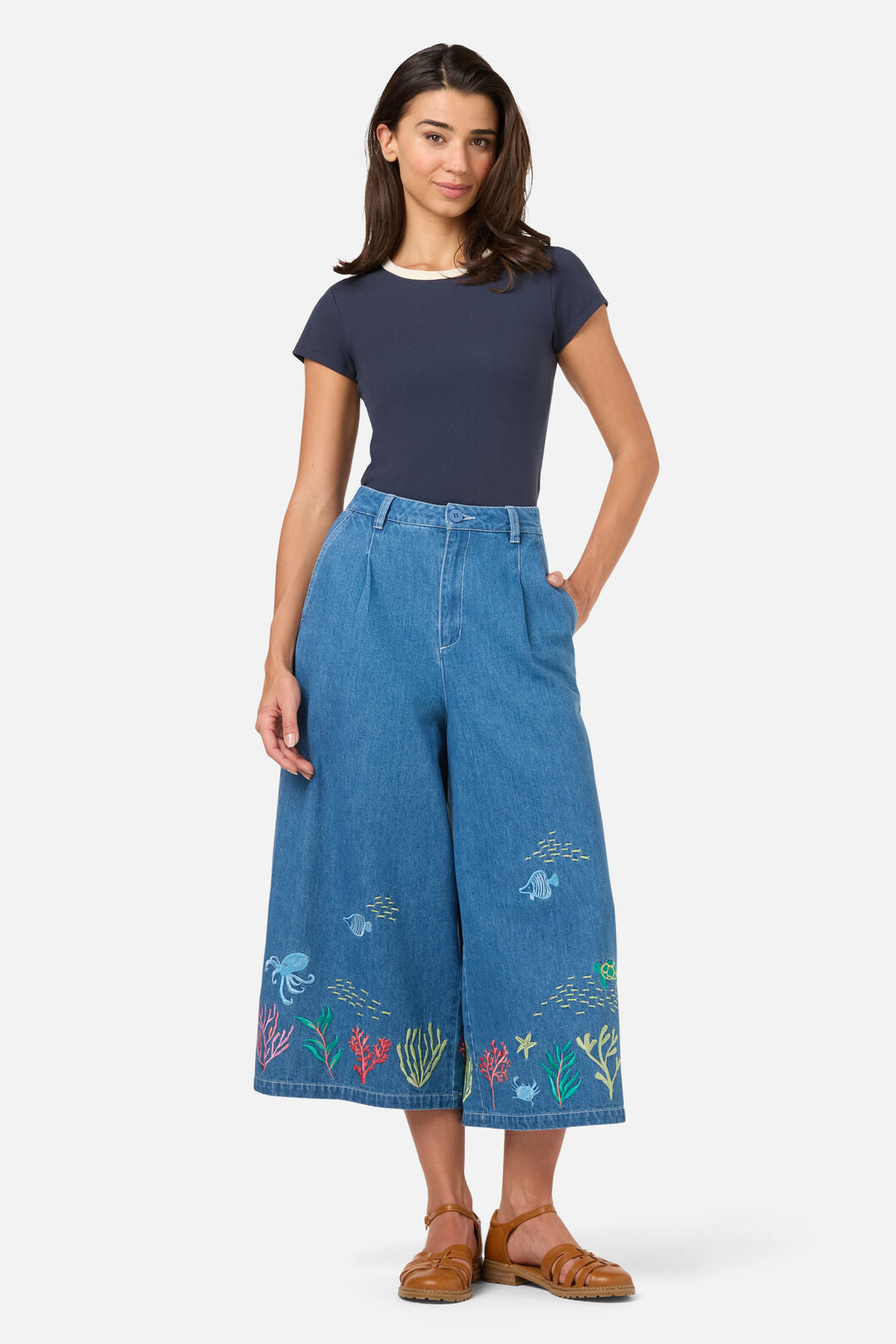 Princess Highway - Sea Embroidered Denim Culotte - blue-denim