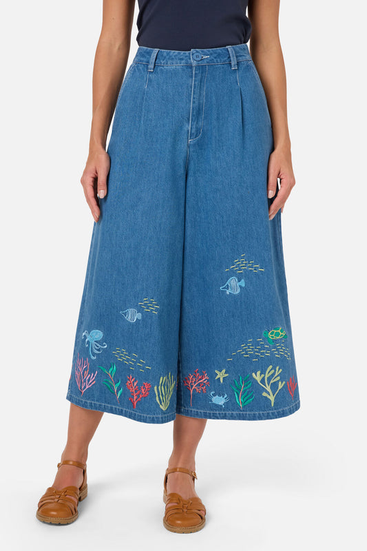 Princess Highway - Sea Embroidered Denim Culotte - blue-denim
