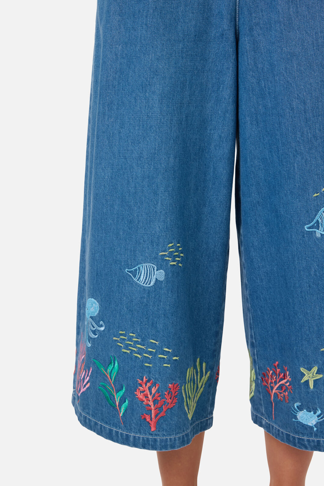 Princess Highway - Sea Embroidered Denim Culotte - blue-denim