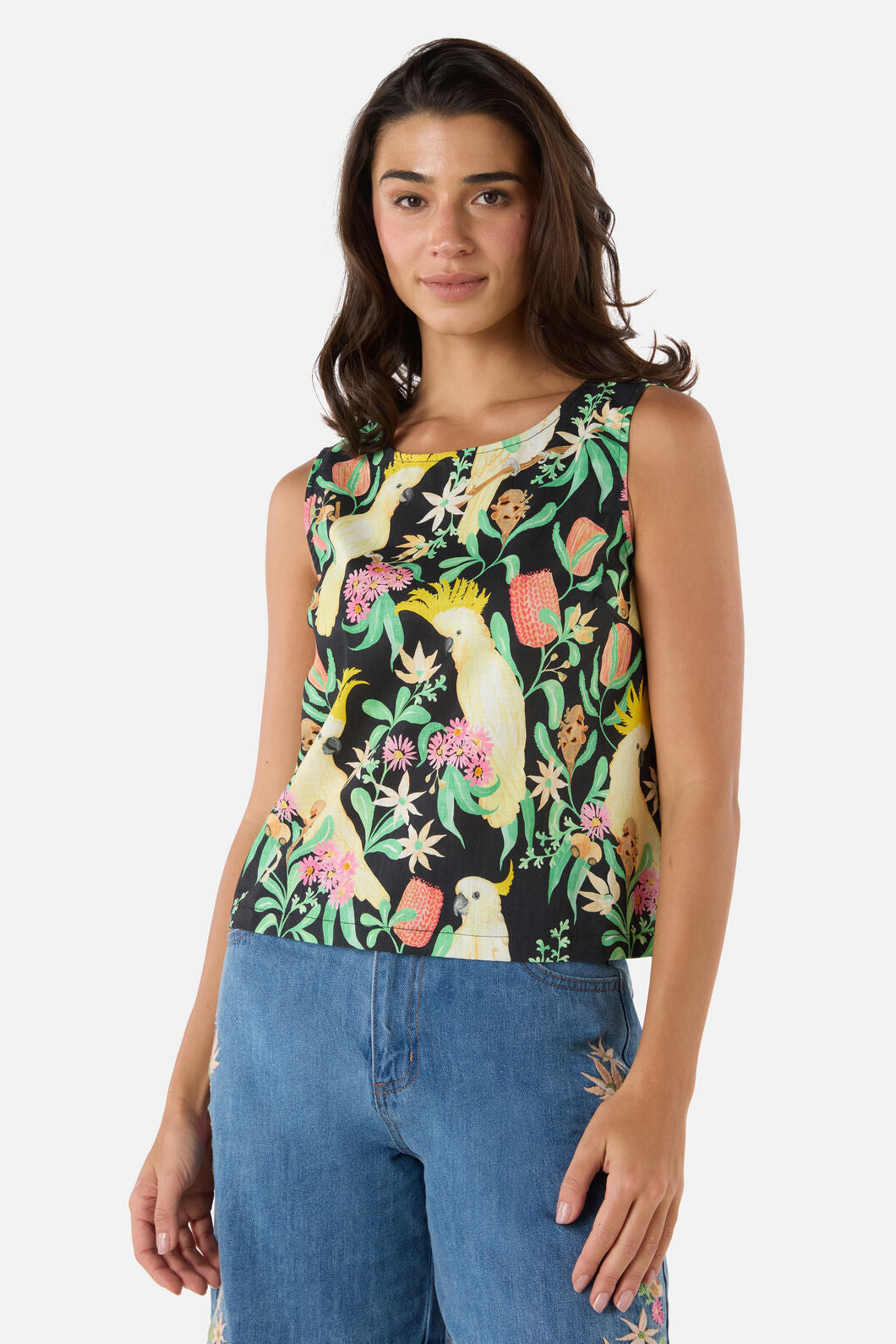 Princess Highway - Cockatoo & Flora Shell Top - black