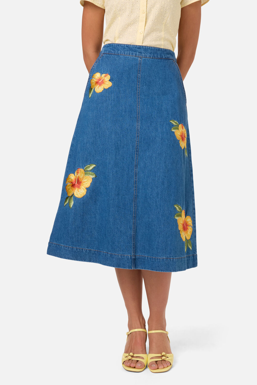 Princess Highway - Hibiscus Emb Denim Skirt - blue-denim