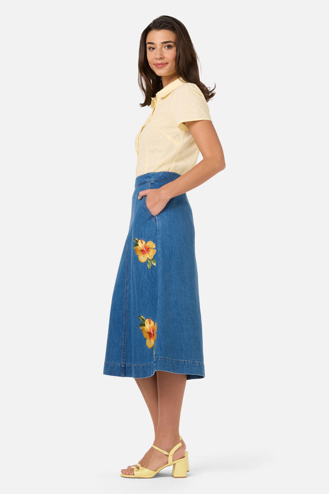 Princess Highway - Hibiscus Emb Denim Skirt - blue-denim