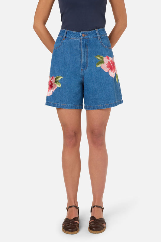 Princess Highway - Hibiscus Emb Denim Short - blue-denim