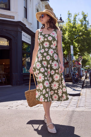 Princess Highway - 60'S Daisy Midi Dress - olive