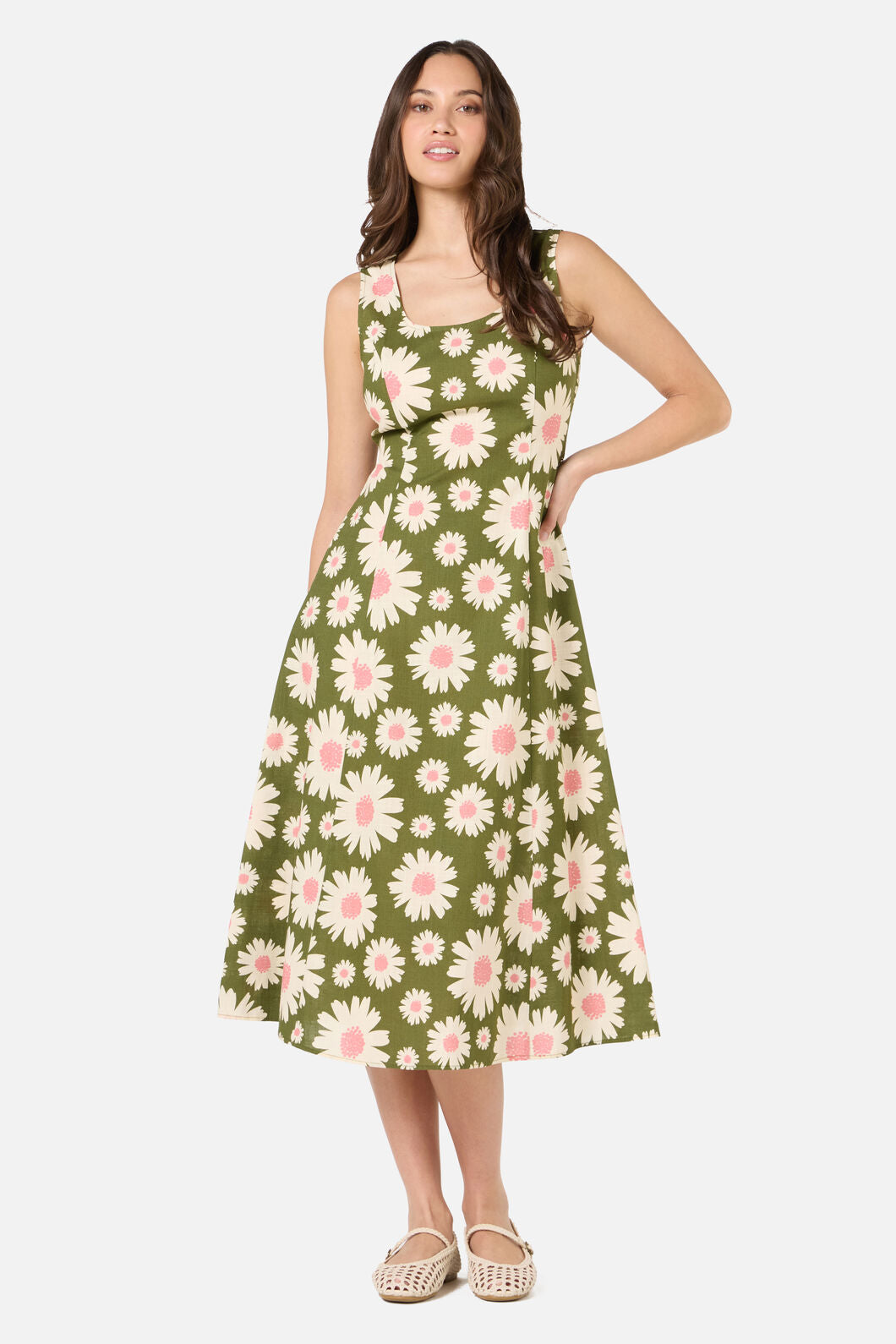 Princess Highway - 60'S Daisy Midi Dress - olive