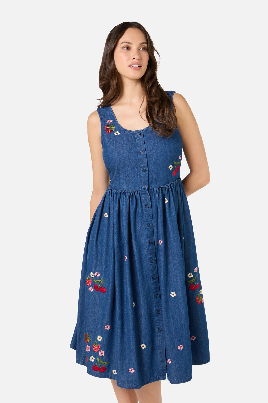 Princess Highway - Berry Bloom Emb Denim Dress - blue-denim
