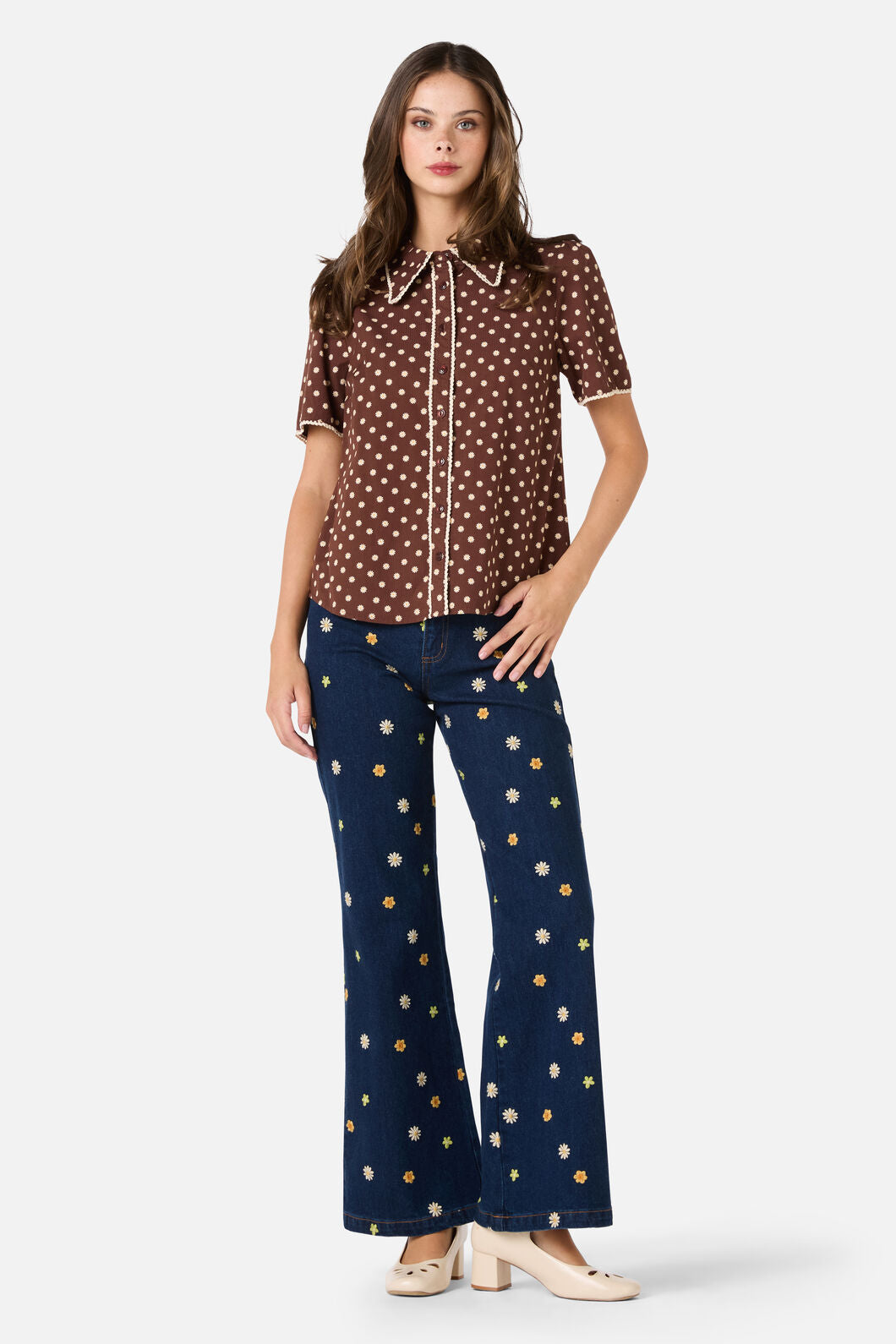 Princess Highway - Ditsy Daisy Retro Blouse - chocolate